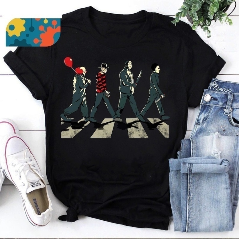 Horror Movie Characters Abbey Road Parody T-Shirt